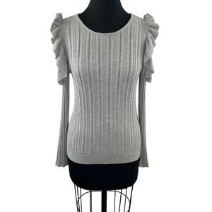 DUFFY Gray Rib-Knit Wool & Cashmere Ruffled Cold Shoulder Sweater Top Pullover M